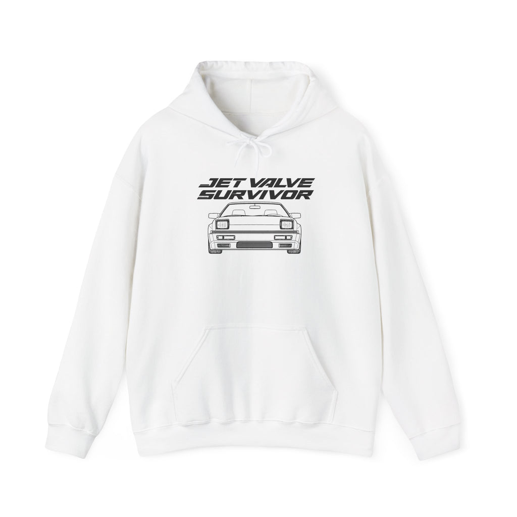 White pullover hoodie with front kangaroo pocket, drawstring hood, and car logo graphic
