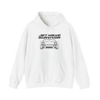 White pullover hoodie with front kangaroo pocket, drawstring hood, and car logo graphic