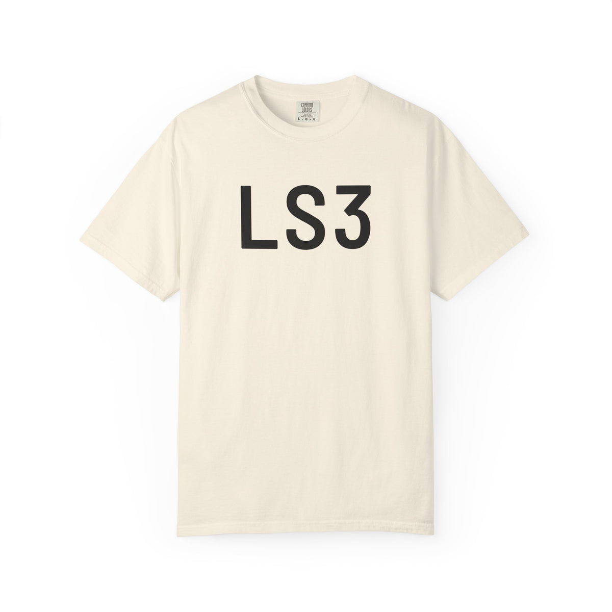 Ivory crewneck T-shirt with large black “LS3” logo print on the front