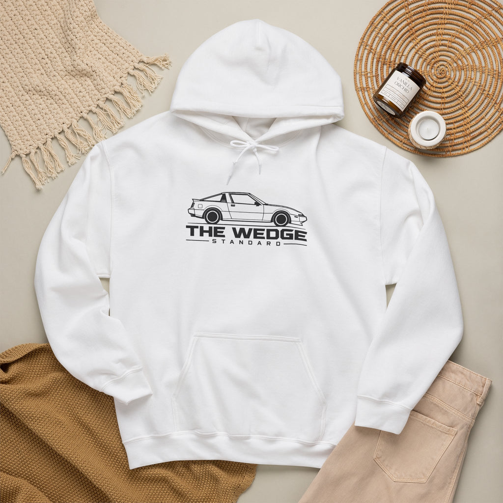 White JDM hoodie with hood drawstrings, front pouch pocket, and car logo graphic