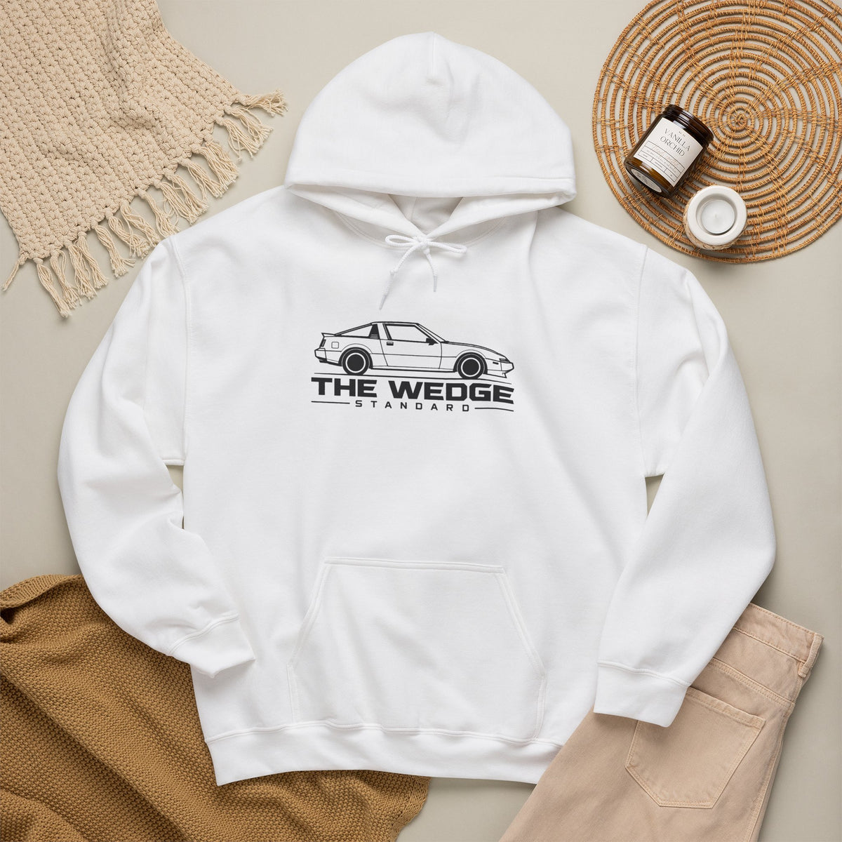 White JDM hoodie with hood drawstrings, front pouch pocket, and car logo graphic
