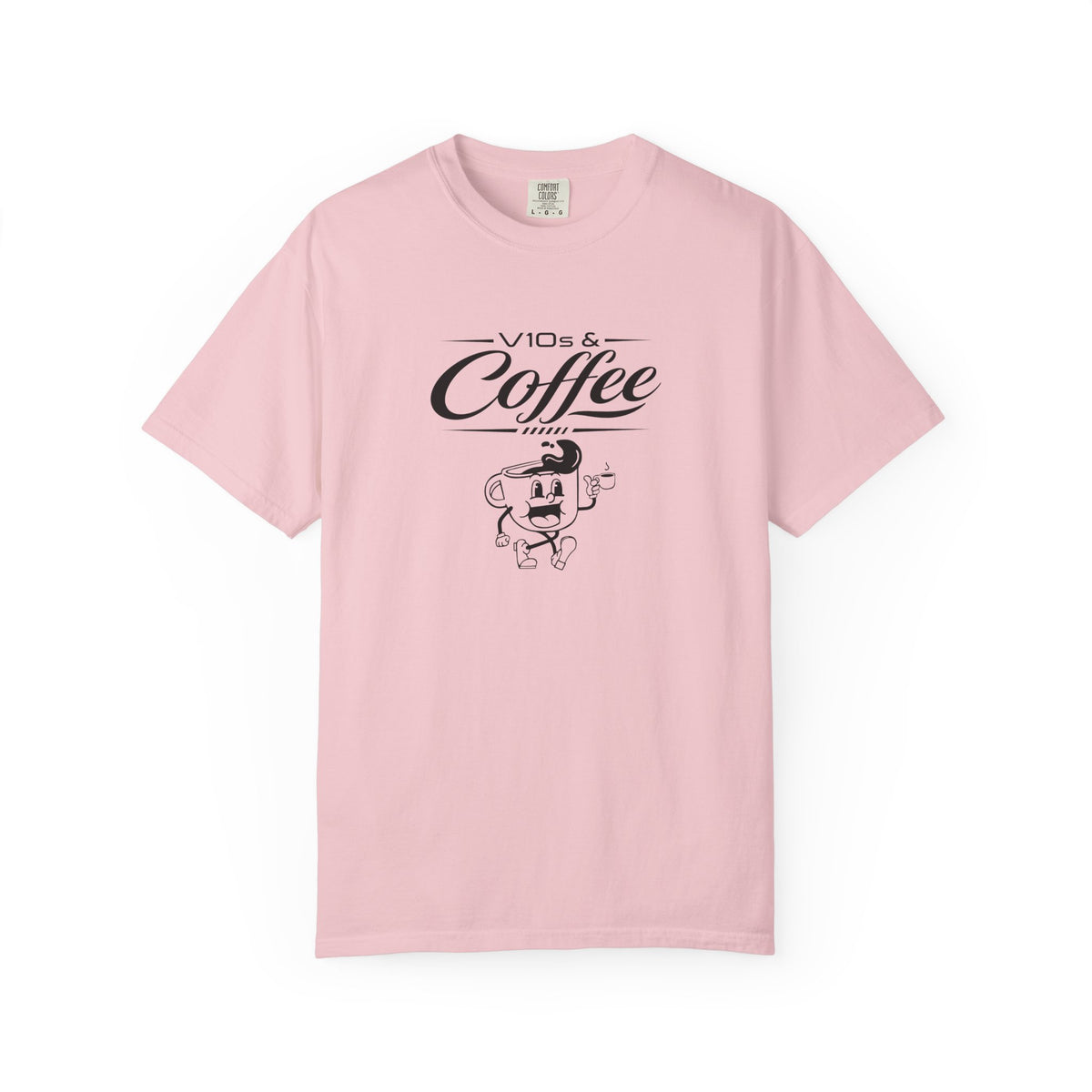 Pink t-shirt with “Coffee” script graphic and cartoon character on front