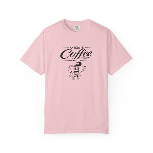 Pink t-shirt with “Coffee” script graphic and cartoon character on front