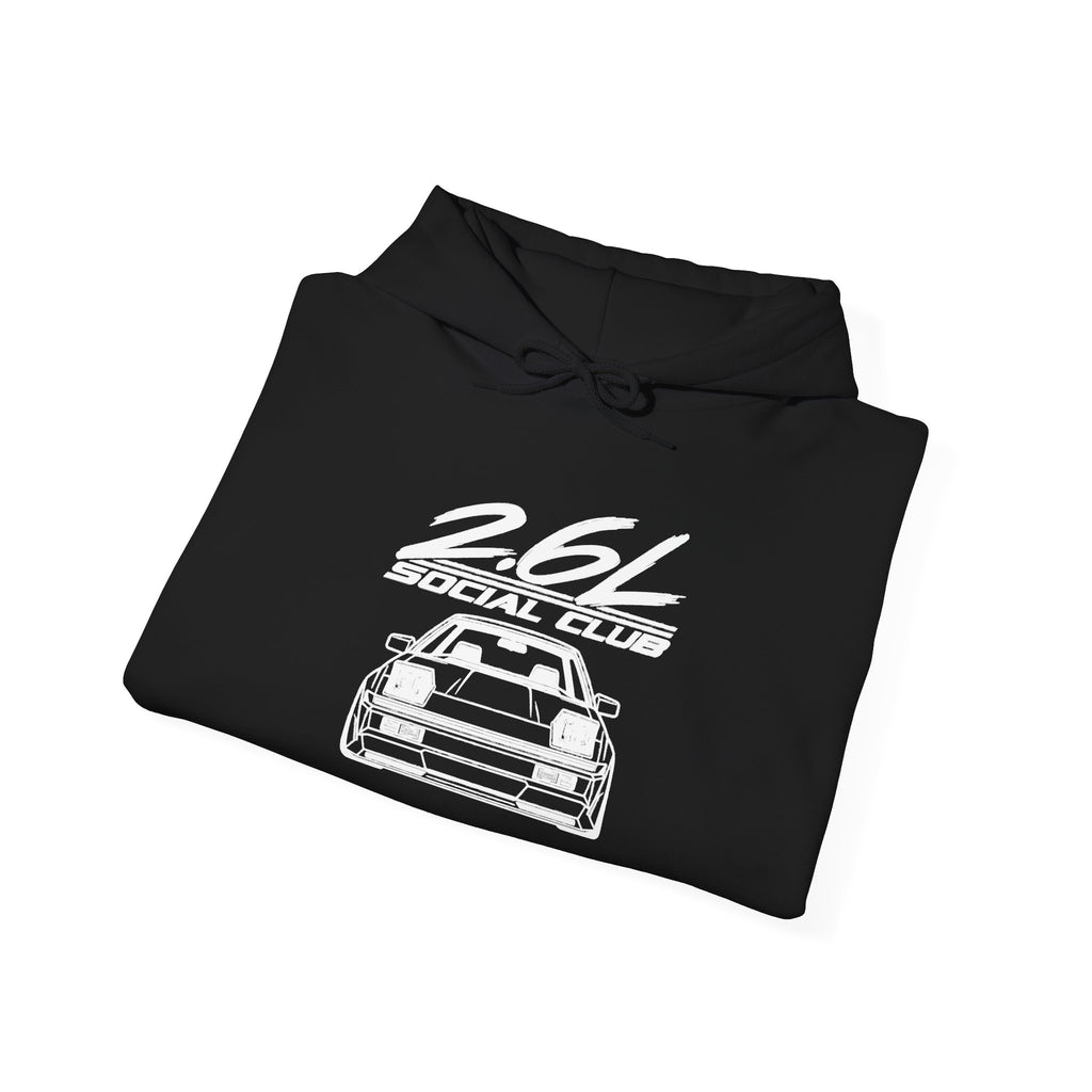 Black hoodie with drawstring hood and front “2.6L Social Club” car graphic