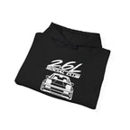 Black hoodie with drawstring hood and front “2.6L Social Club” car graphic