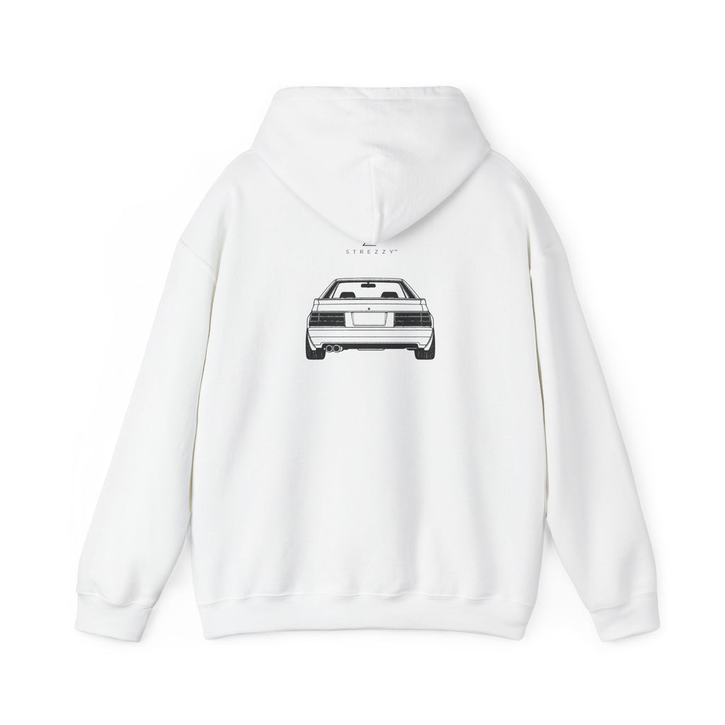 White pullover hoodie with rear car graphic; drawstring hood and front pocket.