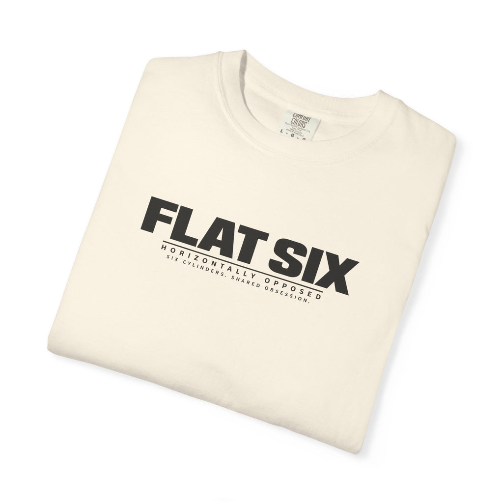 Ivory crewneck T-shirt with 'FLAT SIX' logo print on front.