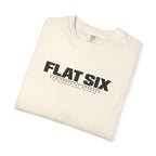 Ivory crewneck T-shirt with 'FLAT SIX' logo print on front.