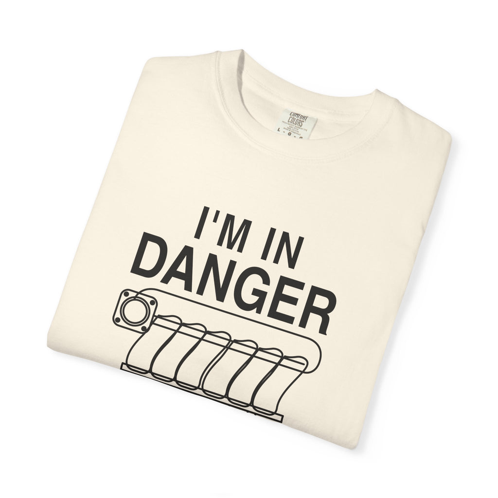 Cream crewneck T-shirt with large “I'M IN DANGER” graphic and tank illustration