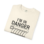 Cream crewneck T-shirt with large “I'M IN DANGER” graphic and tank illustration