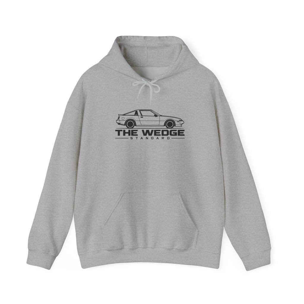 Sport grey JDM hoodie with hood drawstrings, front pouch pocket, and car logo graphic
