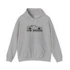 Sport grey JDM hoodie with hood drawstrings, front pouch pocket, and car logo graphic