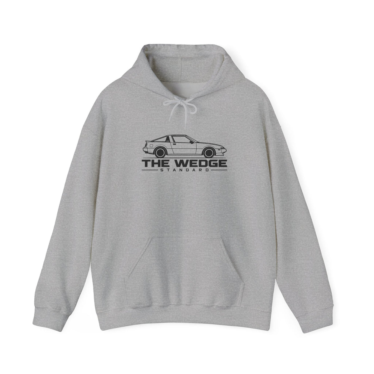Sport grey JDM hoodie with hood drawstrings, front pouch pocket, and car logo graphic