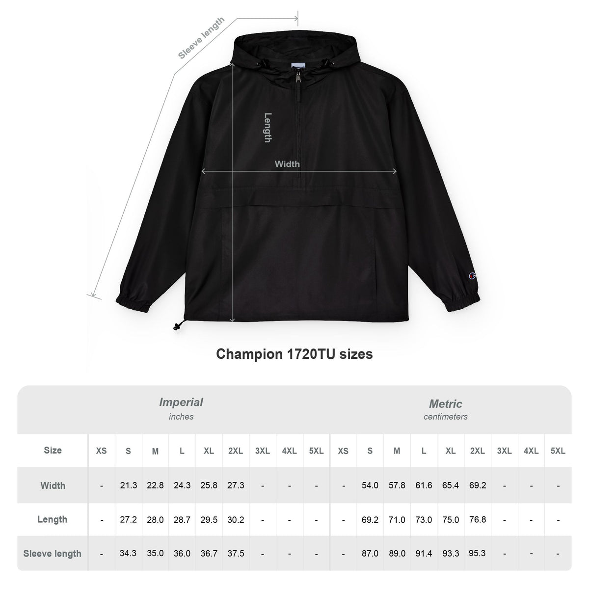 Black hooded anorak jacket with front zipper and measurement overlay for sizing