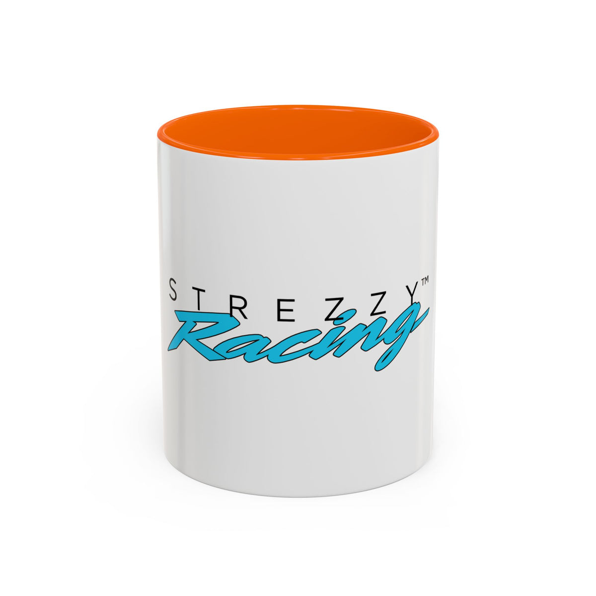 Racing accent mug with orange interior and rim, white body, teal “Racing” graphic