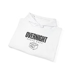 White pullover hoodie folded with chest logo graphic and drawstring hood