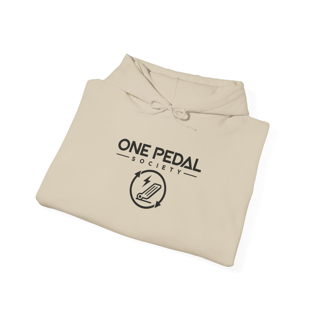 Sand hoodie folded, featuring front logo print and drawstring hood