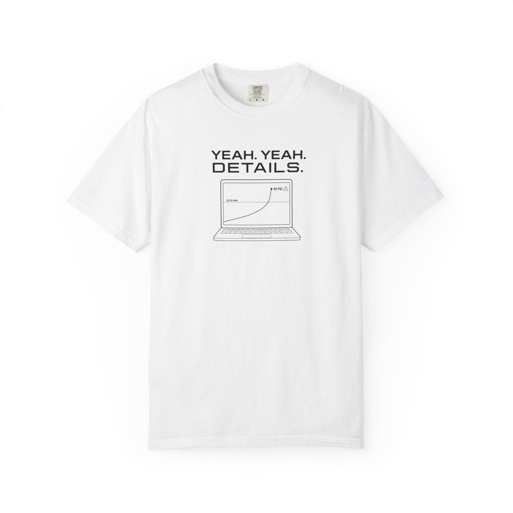 White crew-neck T-shirt with front graphic text and laptop line-art illustration.