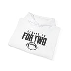 White hoodie folded with drawstring hood and football graphic text on chest