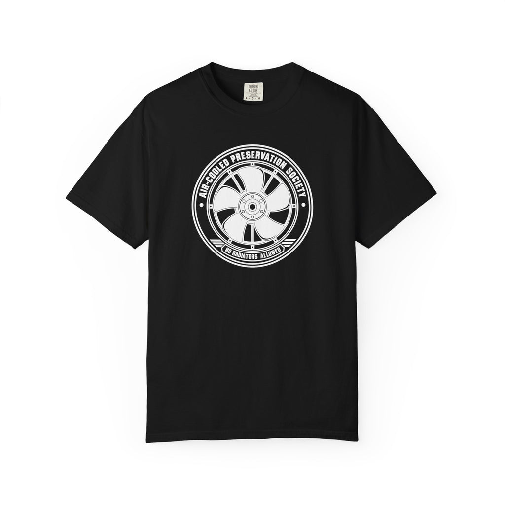 Black crew-neck T-shirt with circular fan logo graphic on the chest