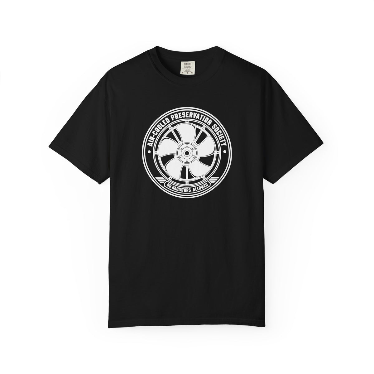 Black crew-neck T-shirt with circular fan logo graphic on the chest