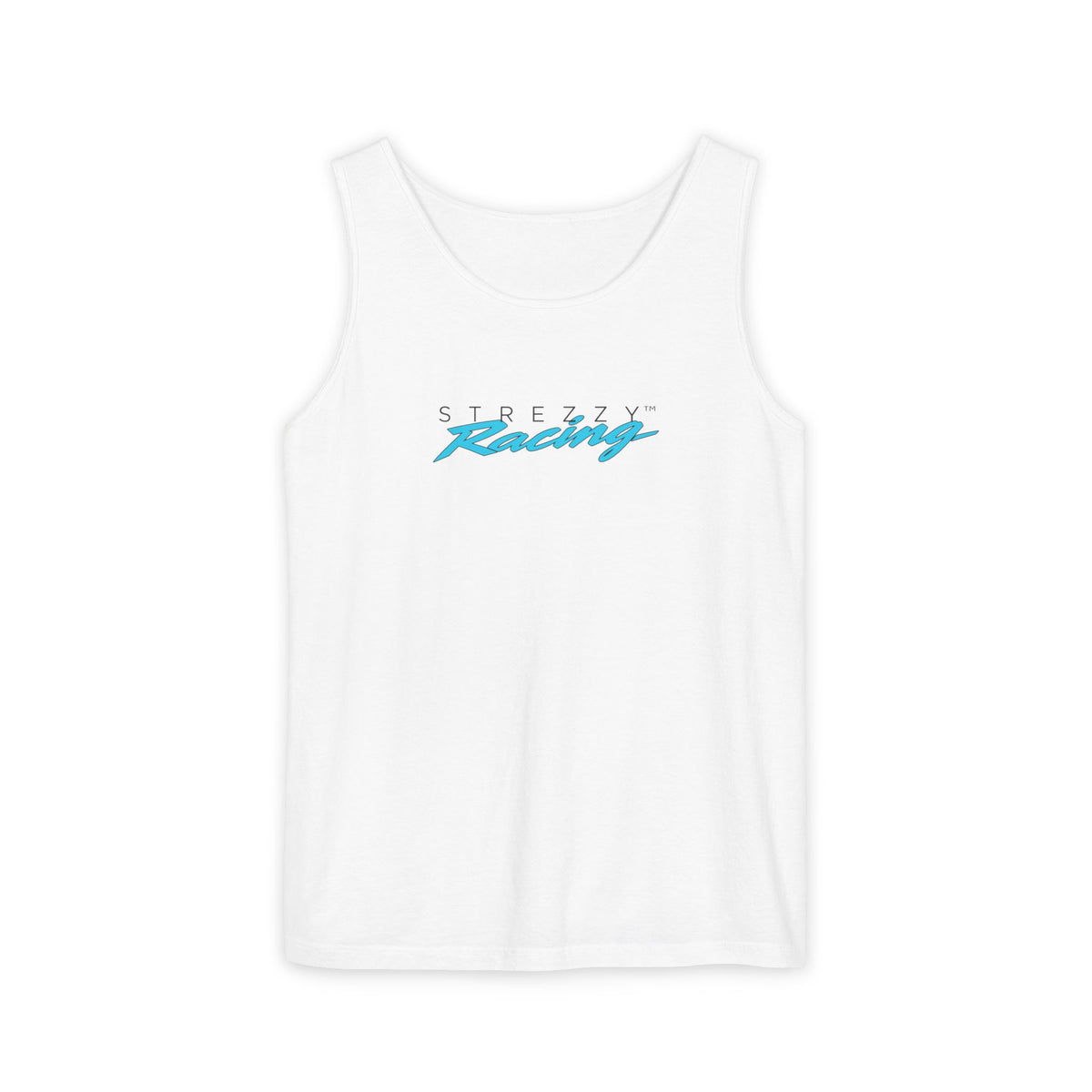 White racing tank top with crew neckline and small front logo print