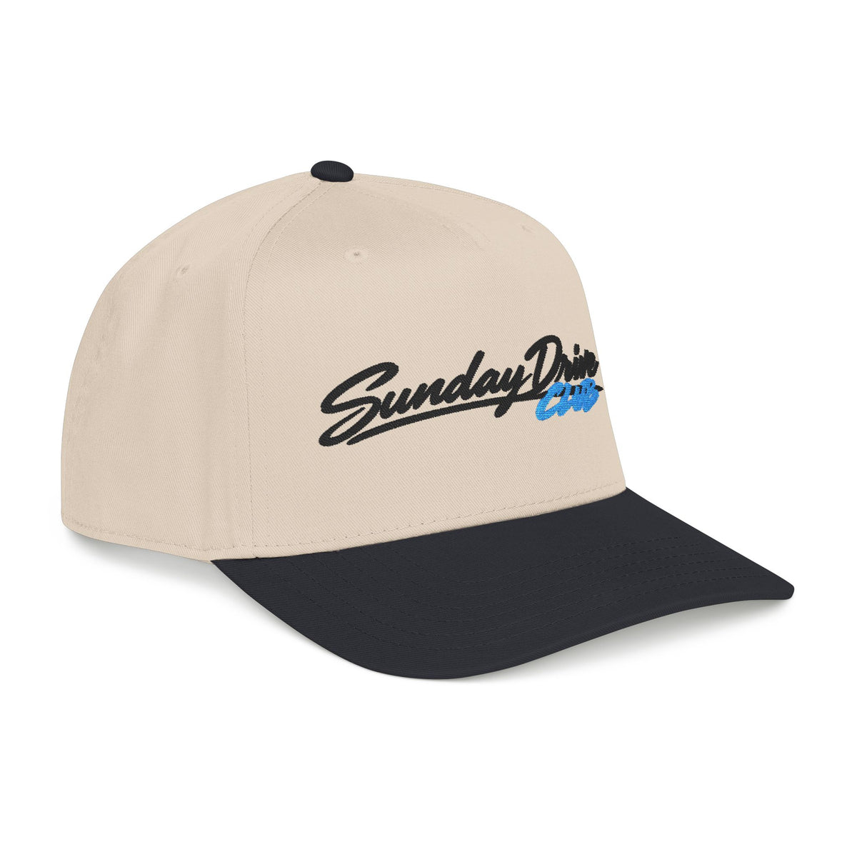 Tan embroidered baseball hat with "Sunday Drive Club" logo and black underbrim.