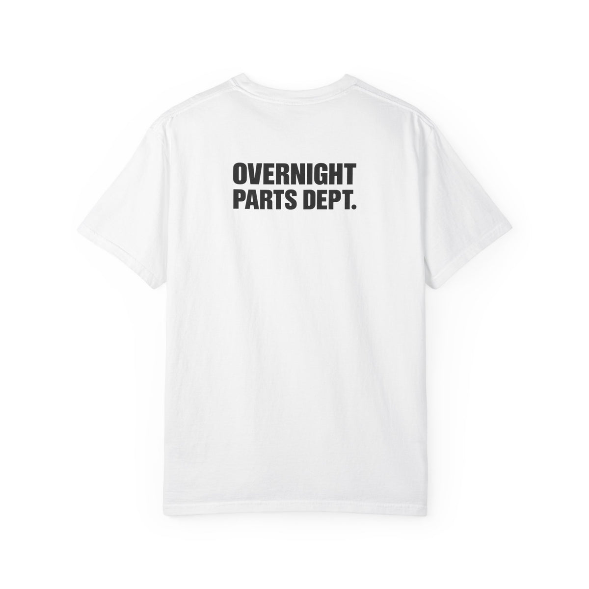 White crewneck T-shirt with bold "OVERNIGHT PARTS DEPT." chest print