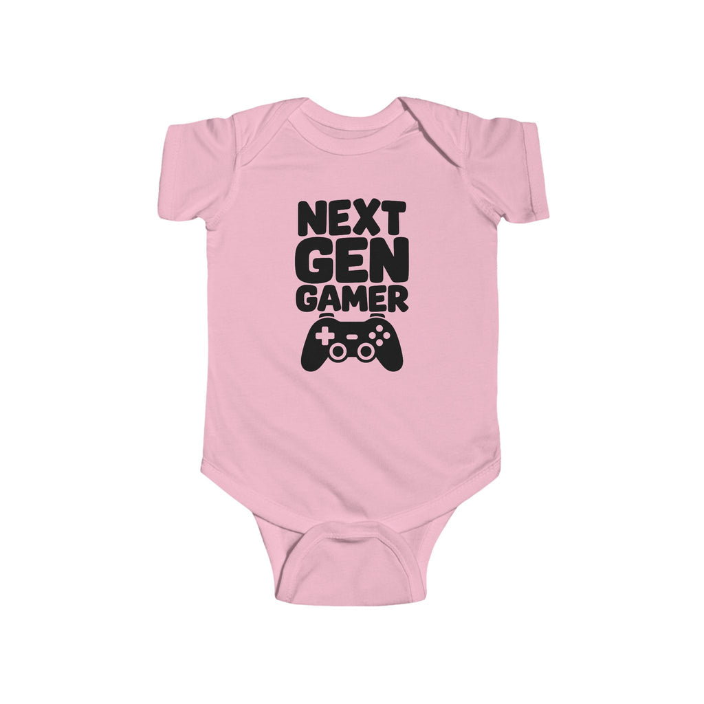 Pink baby bodysuit with 'Next Gen Gamer' gaming controller graphic