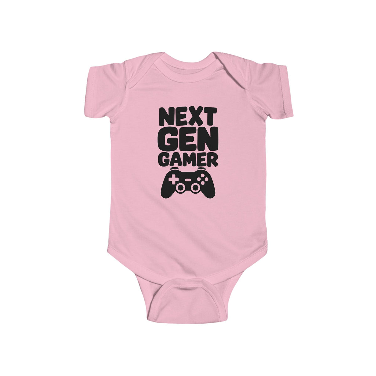 Pink baby bodysuit with 'Next Gen Gamer' gaming controller graphic