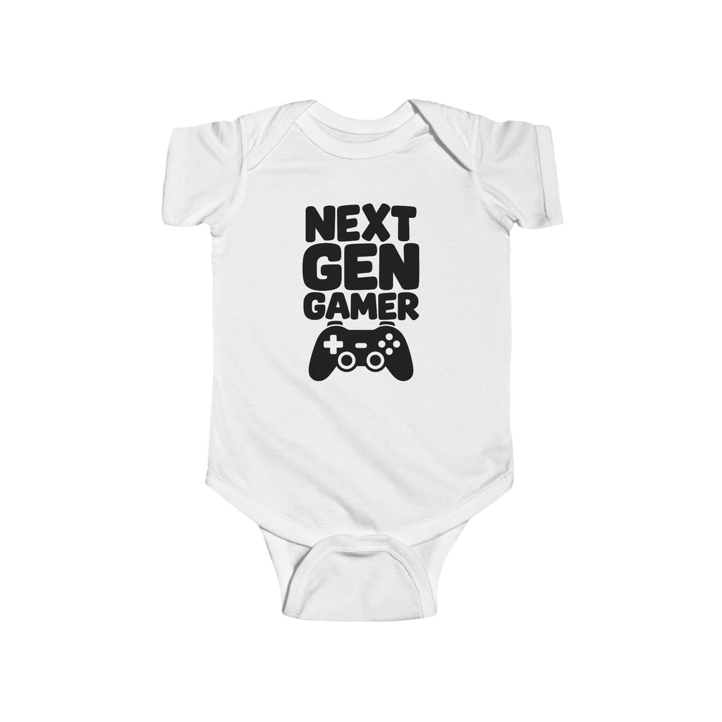 White baby bodysuit with 'Next Gen Gamer' gaming controller graphic