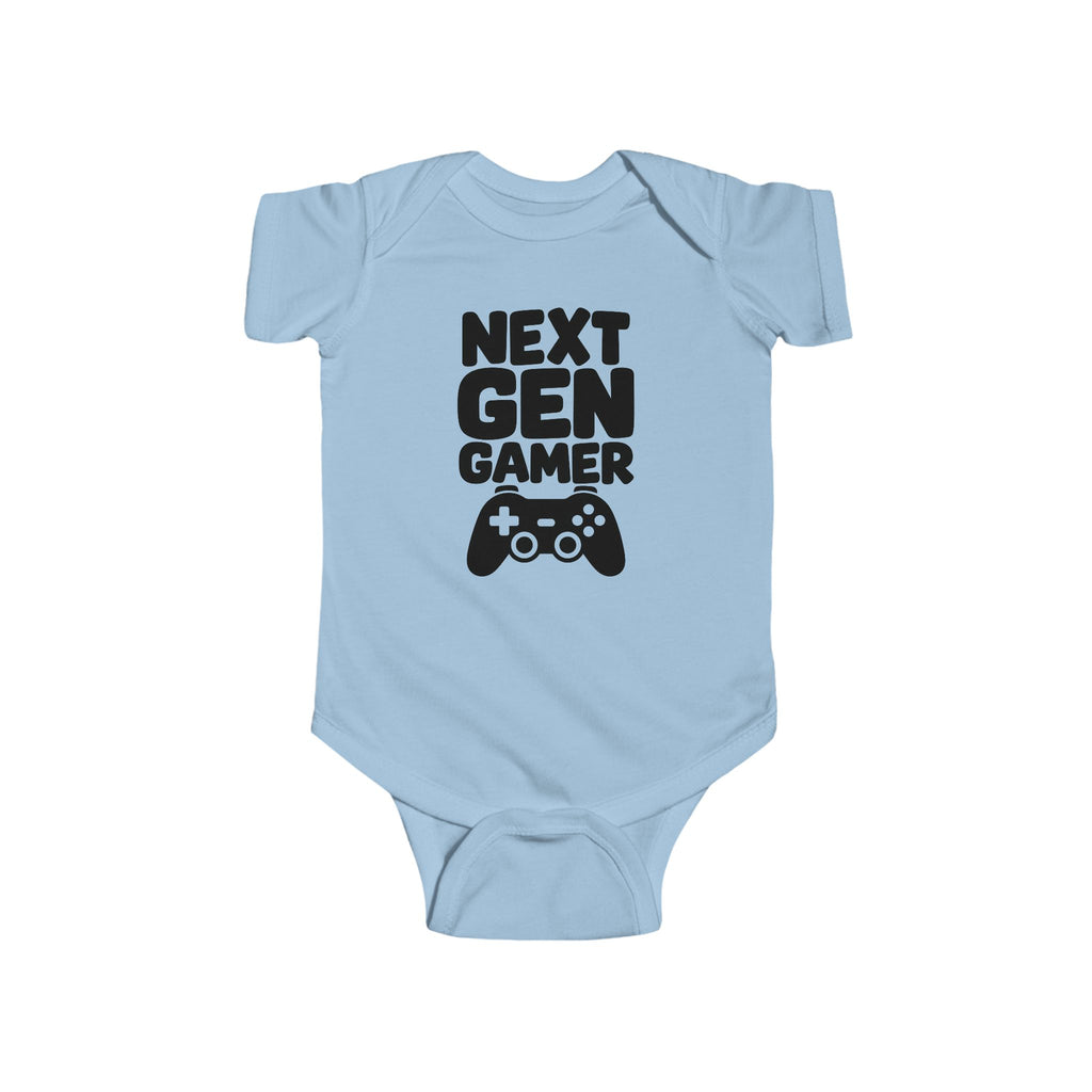 Light blue baby bodysuit with 'Next Gen Gamer' gaming controller graphic