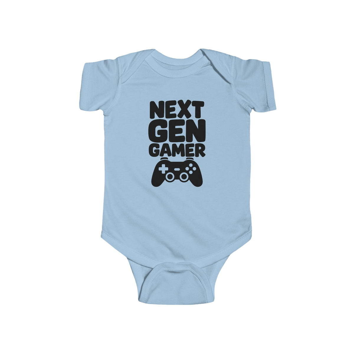 Light blue baby bodysuit with 'Next Gen Gamer' gaming controller graphic