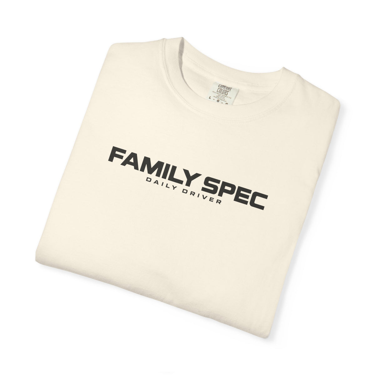 Ivory crew-neck T-shirt with Family Spec logo graphic on chest