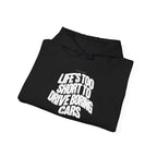 Black pullover hoodie with 'Drive boring cars' graphic on the front.
