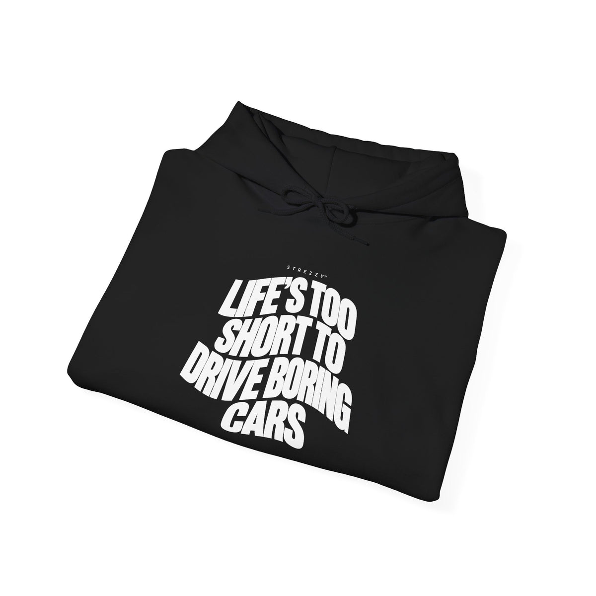 Black pullover hoodie with 'Drive boring cars' graphic on the front.