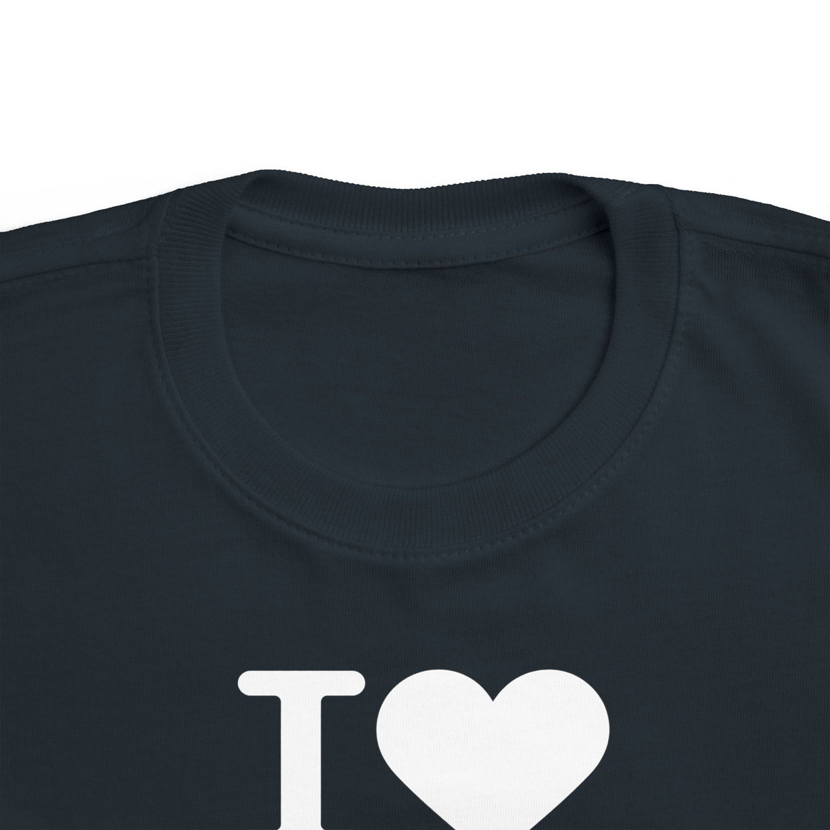 Toddler black t-shirt close-up of collar and 'I heart' graphic