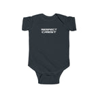 Black short-sleeve baby bodysuit with minimal RESPECT CREST graphic on chest
