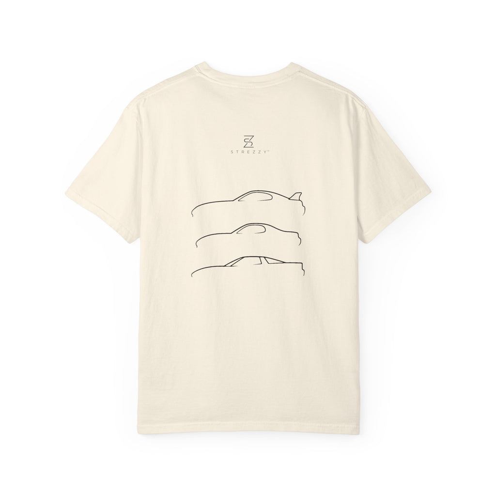 Ivory crewneck t-shirt with three line-art sports car silhouette print