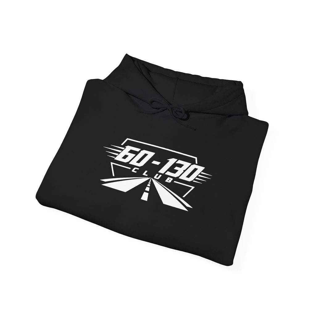 Black club hoodie with 60-130 graphic, pullover hood and drawstring, kangaroo pocket