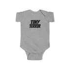 Heather gray baby bodysuit with 'TINY TERROR' front graphic