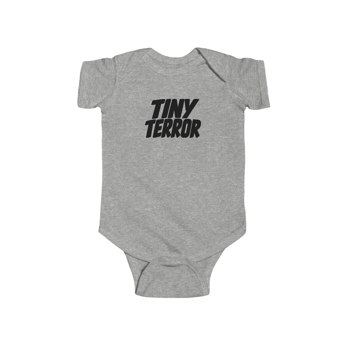 Heather gray baby bodysuit with 'TINY TERROR' front graphic