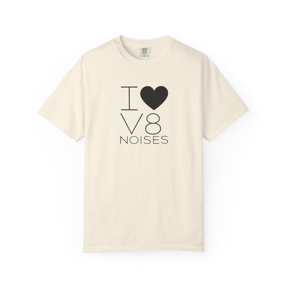 Ivory crewneck T-shirt with 'V8 NOISES' heart graphic on front