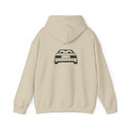 Sand silhouette hoodie with rear hood, small car graphic centered on back