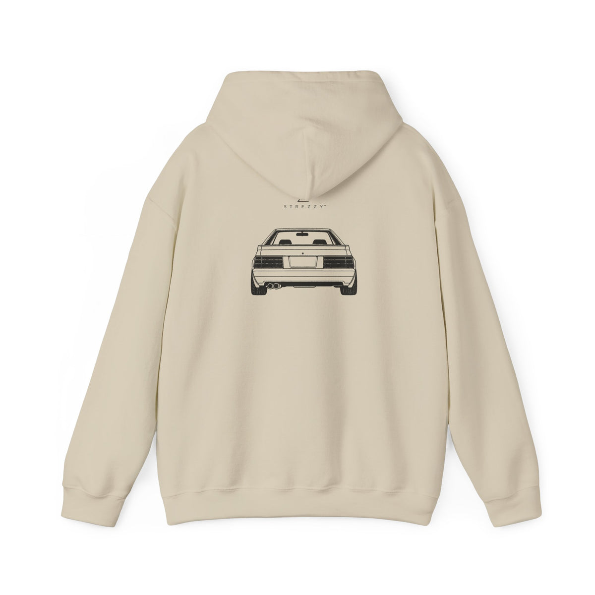 Sand silhouette hoodie with rear hood, small car graphic centered on back