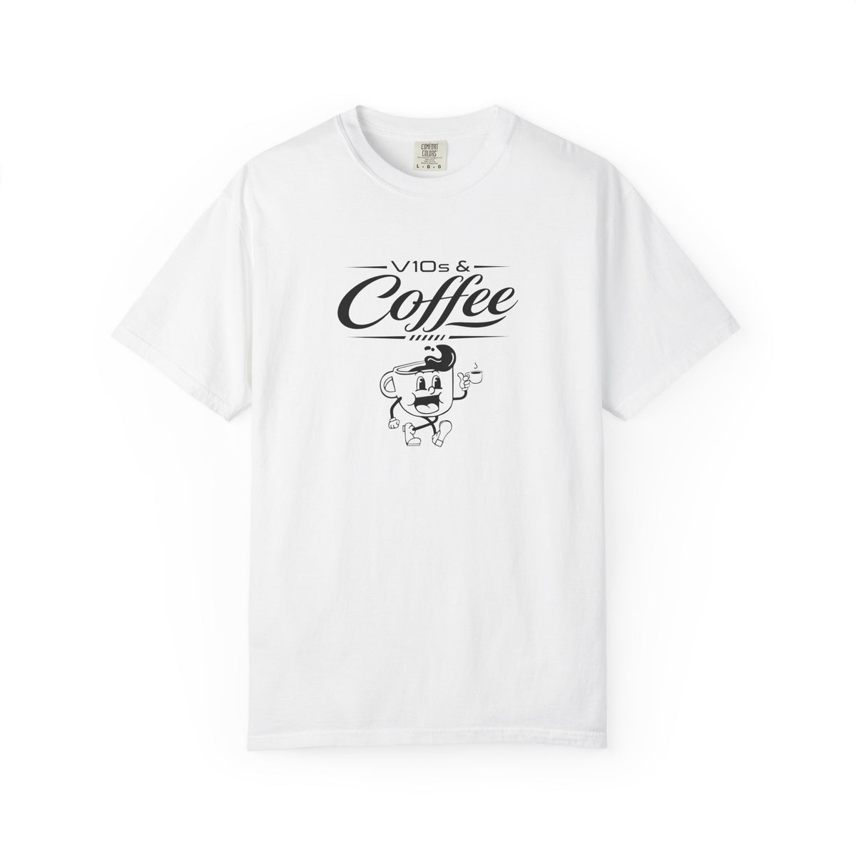 White t-shirt with “Coffee” script graphic and cartoon character on front