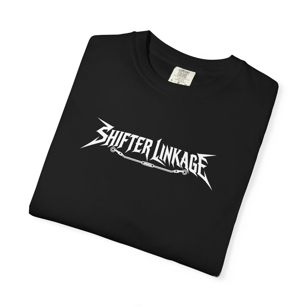 Black crewneck graphic tee with Shifter Linkage logo print at center front