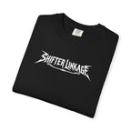 Black crewneck graphic tee with Shifter Linkage logo print at center front