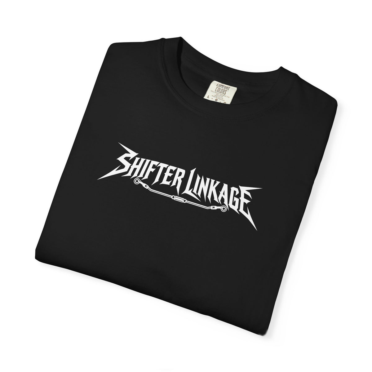 Black crewneck graphic tee with Shifter Linkage logo print at center front