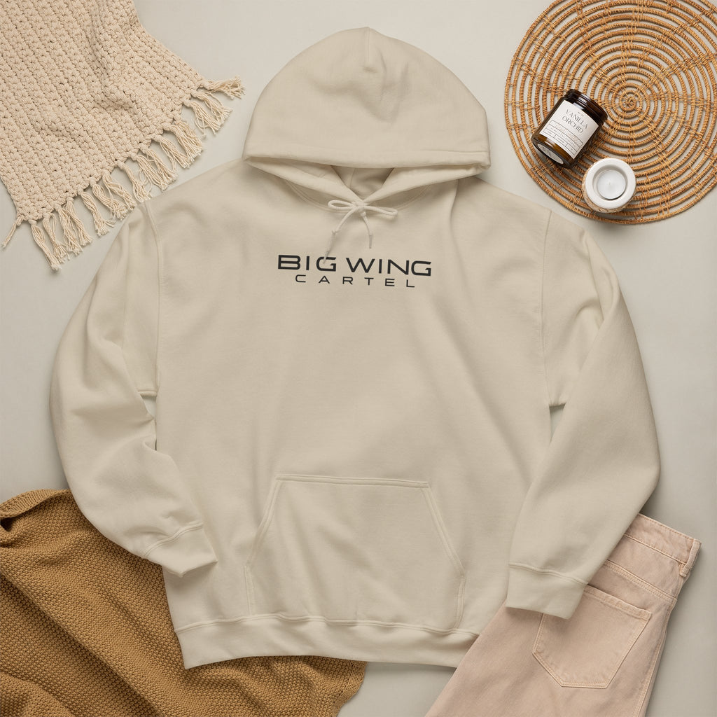 Cream hoodie with front logo print, drawstring hood, and kangaroo pocket.